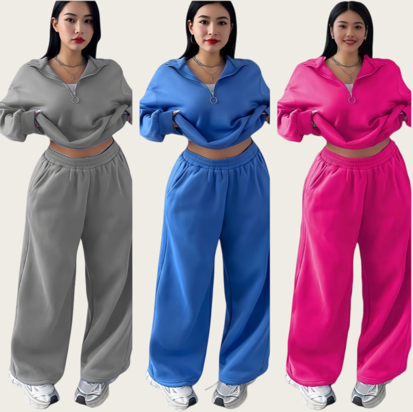 Women's Cropped Oversized Sweatshirt with Half Zipper and Wide High-Waist Jogging Pants Set Mune Fashion