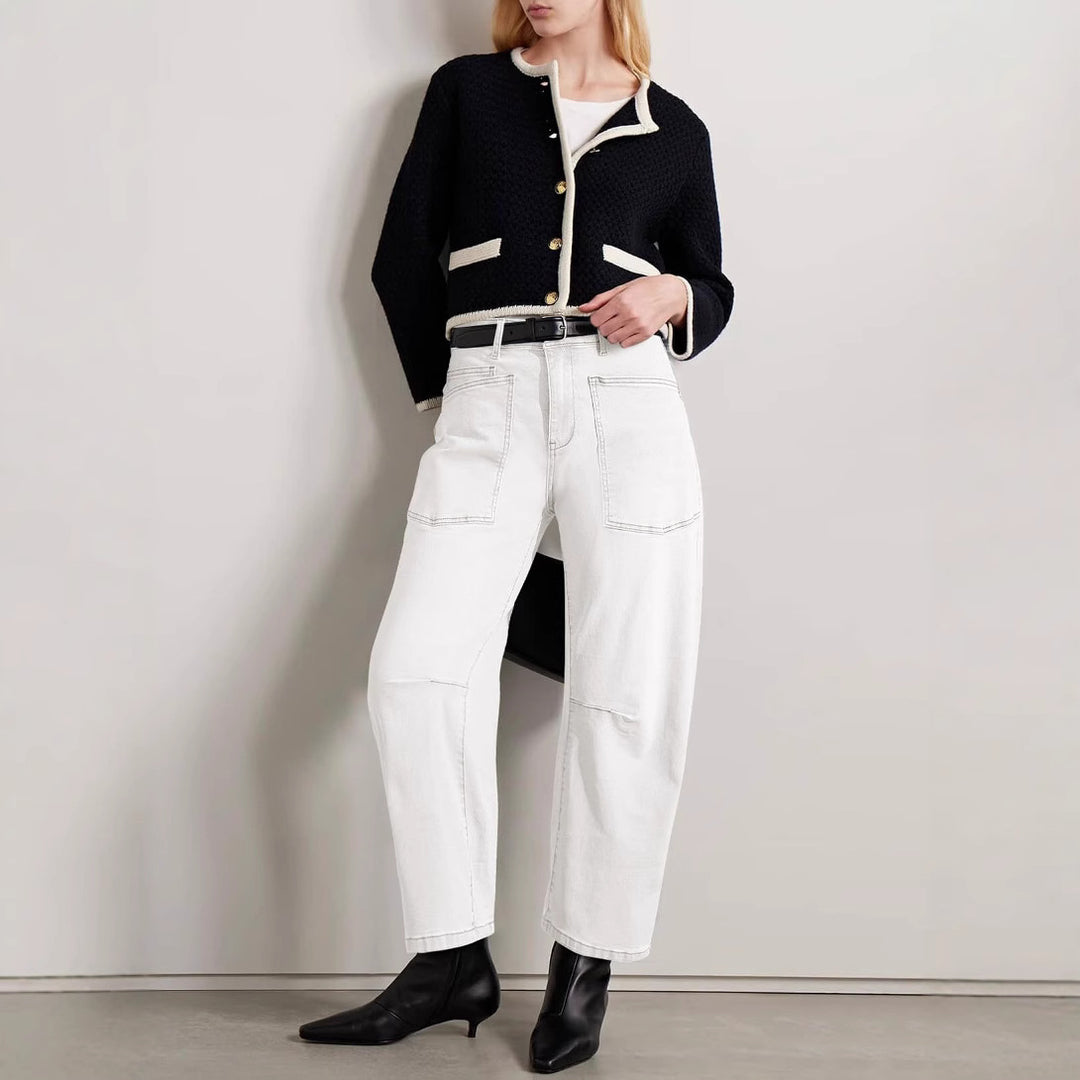 Women's casual canvas pants with high waistband, wide leg and patch pockets Mune Fashion