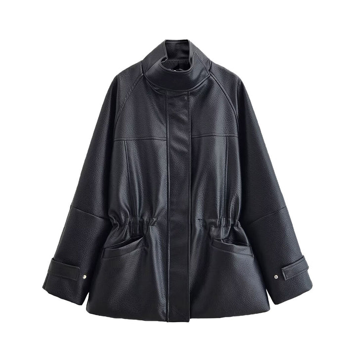 Women's Oversize Faux Leather Jacket with Stand-Up Collar, Drawstring Waist and Patch Pockets Mune Fashion