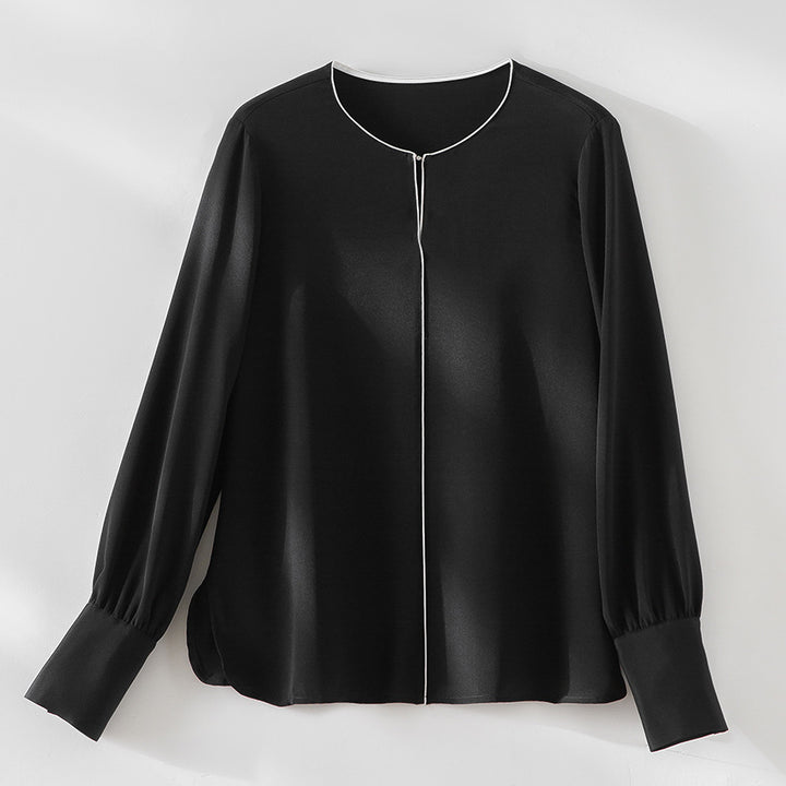 Women's Elegant Silk-like Blouse with Contrast Piping and Extended Cuffs Mune Fashion