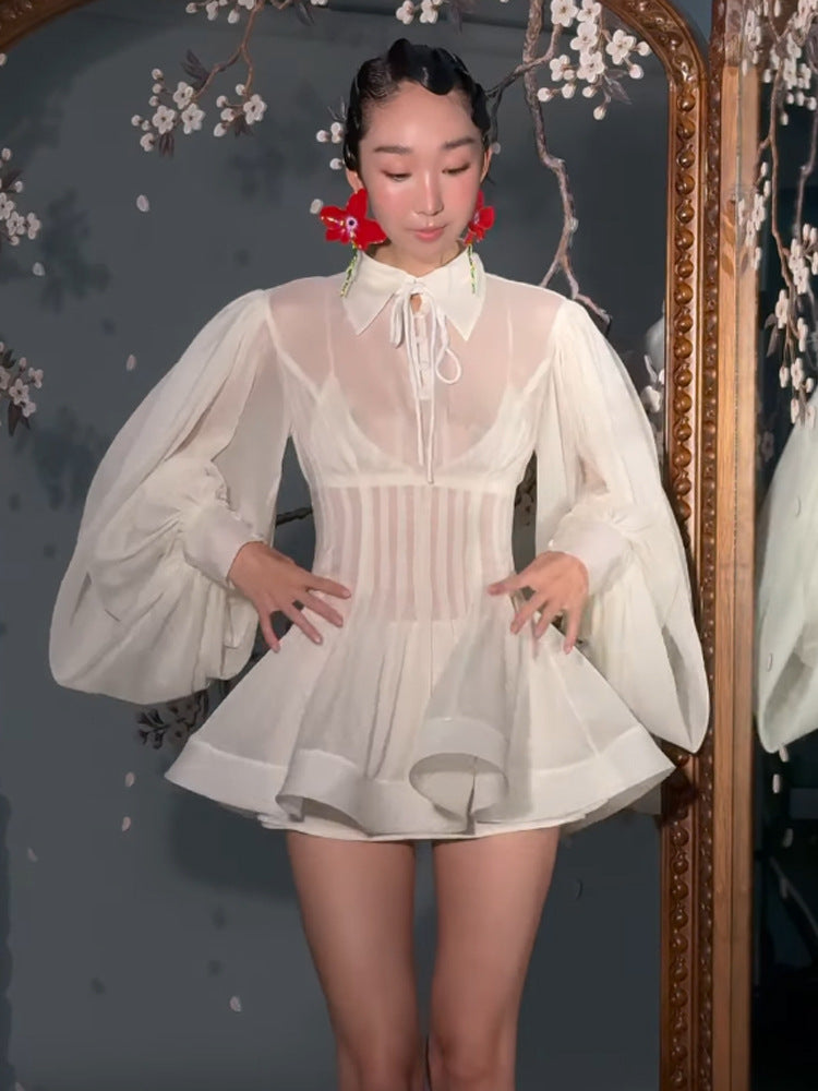 Ladies Transparent Chiffon Mini Dress with Corset Look, Puff Sleeves and Flared Skirt Mune Fashion