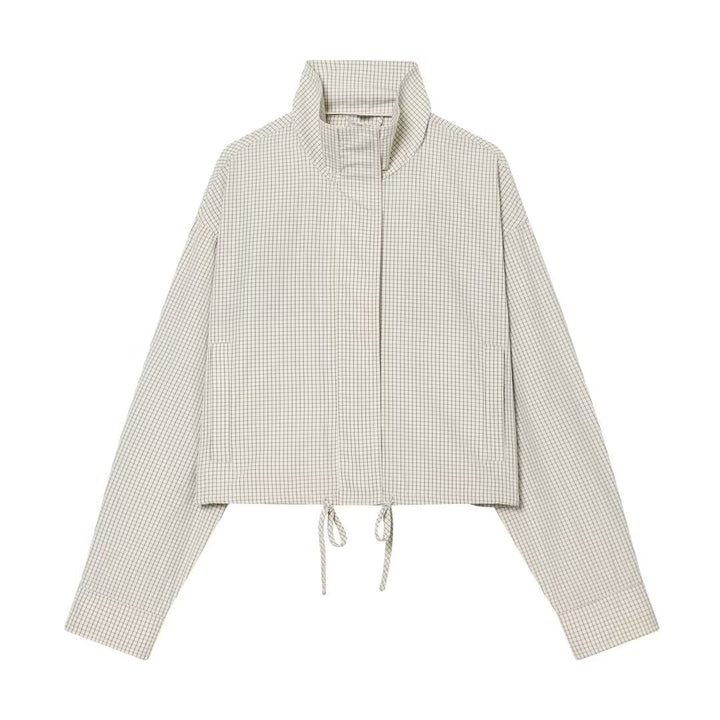 Women's Short Cropped Stand Collar Jacket with Drawstring Hem and Fine Check Pattern Mune Fashion