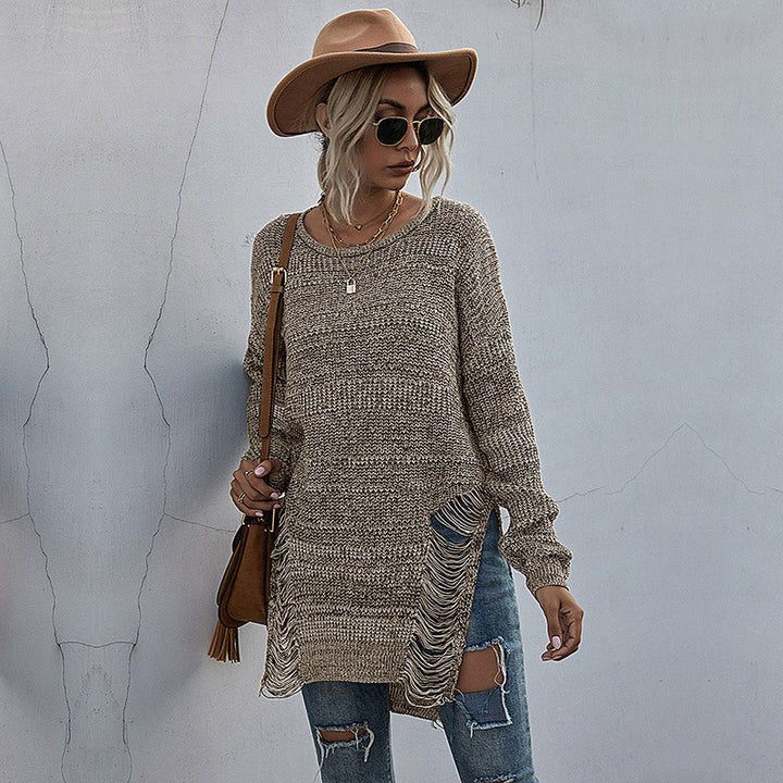 Women Oversized Long Sweater with Fringe Slits and High-Low Hem Mune Fashion