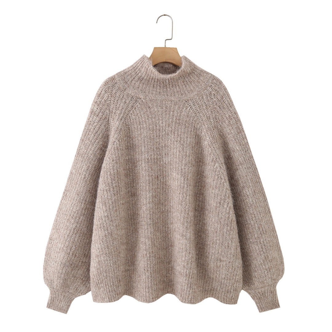 Women Oversize Mohair-Optic Knit Sweater with Stand-Up Collar and Balloon Sleeves Mune Fashion
