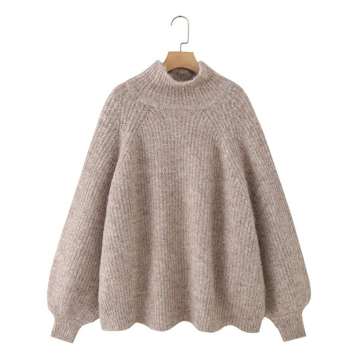 Women Oversize Mohair-Optic Knit Sweater with Stand-Up Collar and Balloon Sleeves Mune Fashion