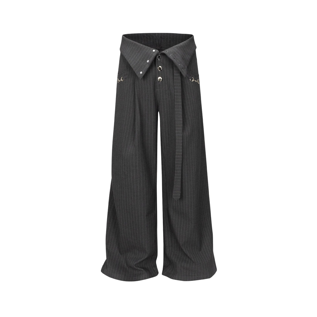 Women's Wide Pleat Trousers with Shirt Collar Waistband and Decorative Buttons Mune Fashion
