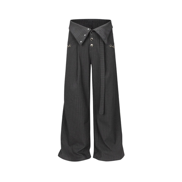 Women's Wide Pleat Trousers with Shirt Collar Waistband and Decorative Buttons Mune Fashion