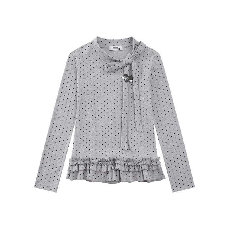 Women's long sleeve top with bow collar, polka dot print and double ruffle hem
