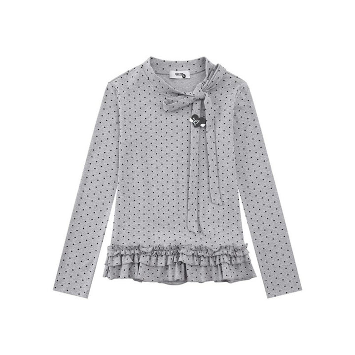 Women's long sleeve top with bow collar, polka dot print and double ruffle hem