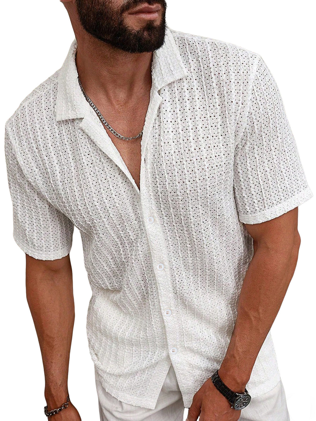 Men's airy short-sleeve ajour shirt with shawl collar and continuous button placket Mune Fashion