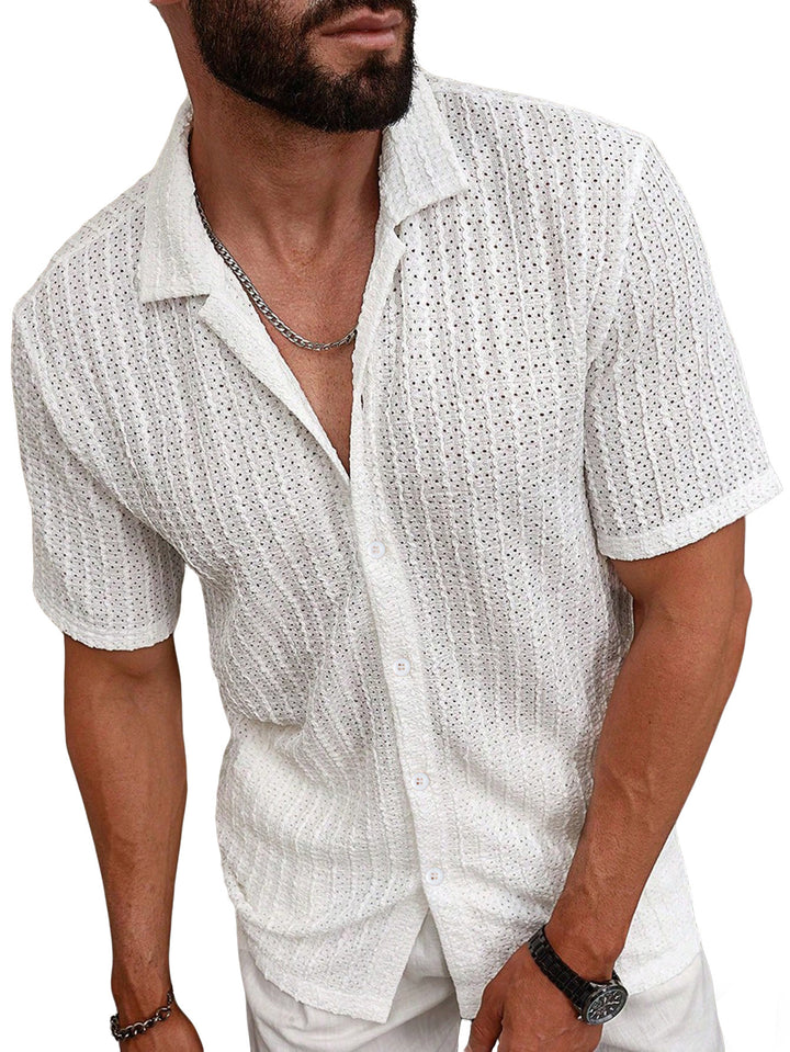 Men's airy short-sleeve ajour shirt with shawl collar and continuous button placket Mune Fashion
