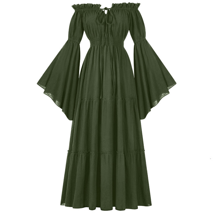 Women's ankle-length off-shoulder max dress with gathered waist, tiered skirt, and wide trumpet sleeves Mune Fashion
