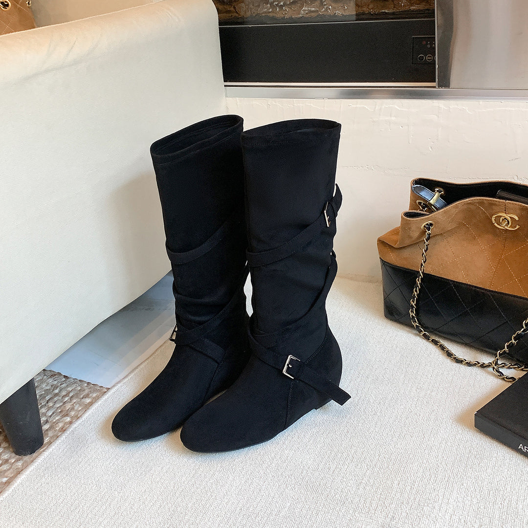 Women's Knee-High Suede Boots with Wrap Straps and Flat Wedge Heel Mune Fashion