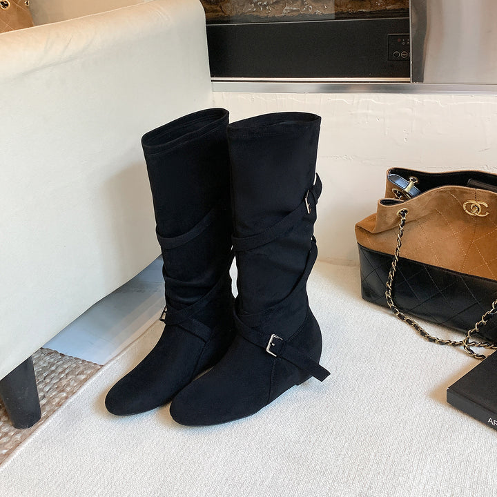 Women's Knee-High Suede Boots with Wrap Straps and Flat Wedge Heel Mune Fashion