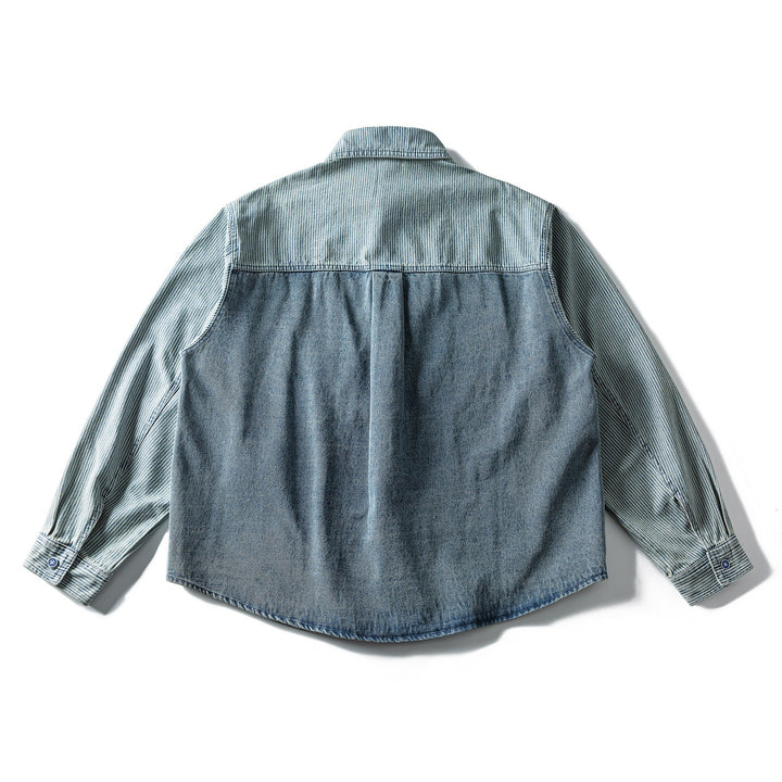 Men's Oversized Denim Shirt with Contrast Panels and Kent Collar Mune Fashion