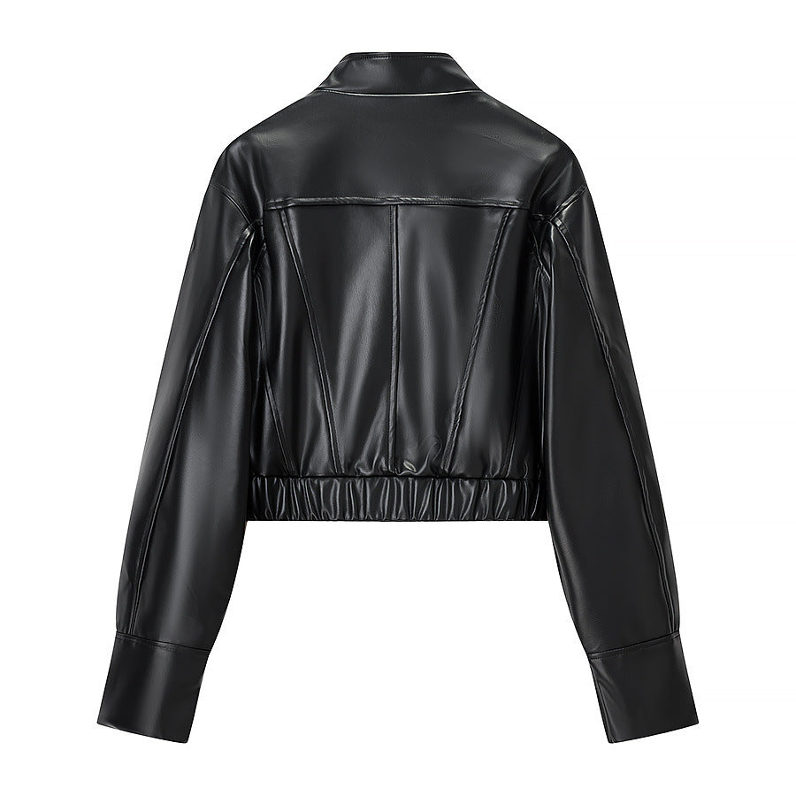 Women's Cropped Boxy Faux Leather Jacket with Stand Collar and Constructive Dart Seams Mune Fashion