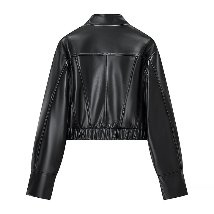 Women's Cropped Boxy Faux Leather Jacket with Stand Collar and Constructive Dart Seams Mune Fashion
