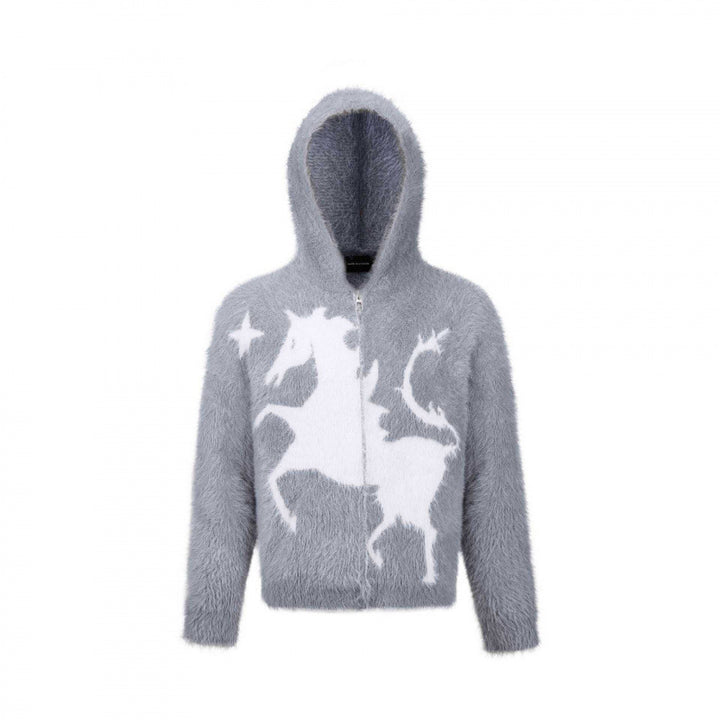 Unisex Fluffy Hoodie with Unicorn Motif and Continuous Zipper Mune Fashion