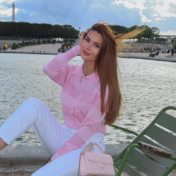 Ladies Fine Knit Cardigan-Shirt with Button Placket and Shirt Collar Mune Fashion