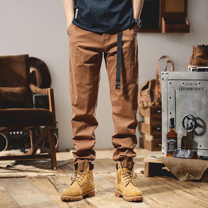 Men's Military-inspired Tapered Cargo Joggers made of durable cotton twill with integrated web belt and ribbed ankle cuffs Mune Fashion