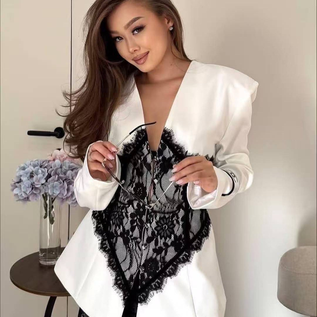 Women Tailored Blazer with Lace Corset Trim Mune Fashion