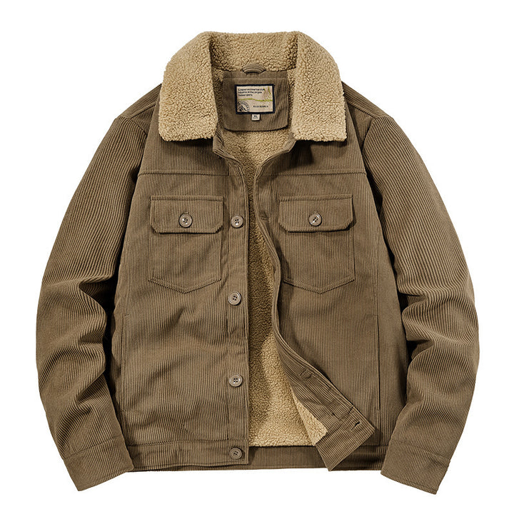Men's Corduroy Work Jacket with Sherpa Lining, Notched Collar and Snap Button Placket Mune Fashion