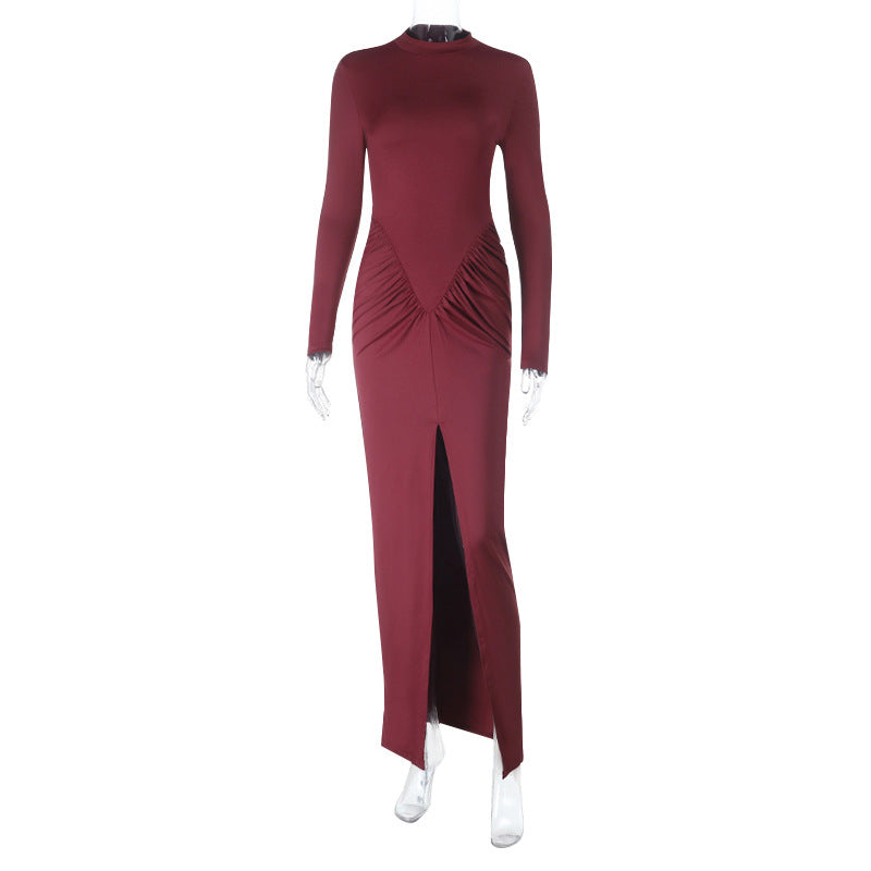 Women's Figure-Hugging Evening Maxi Dress with High Round Neck, Long Sleeves, Gathered Hip Area and Front Slit Mune Fashion