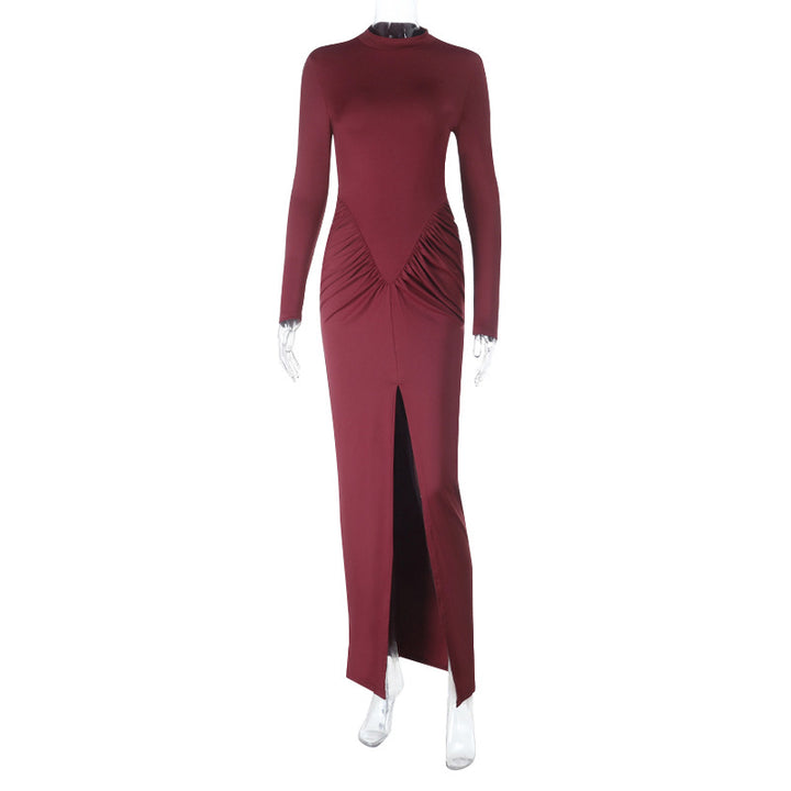 Women's Figure-Hugging Evening Maxi Dress with High Round Neck, Long Sleeves, Gathered Hip Area and Front Slit Mune Fashion