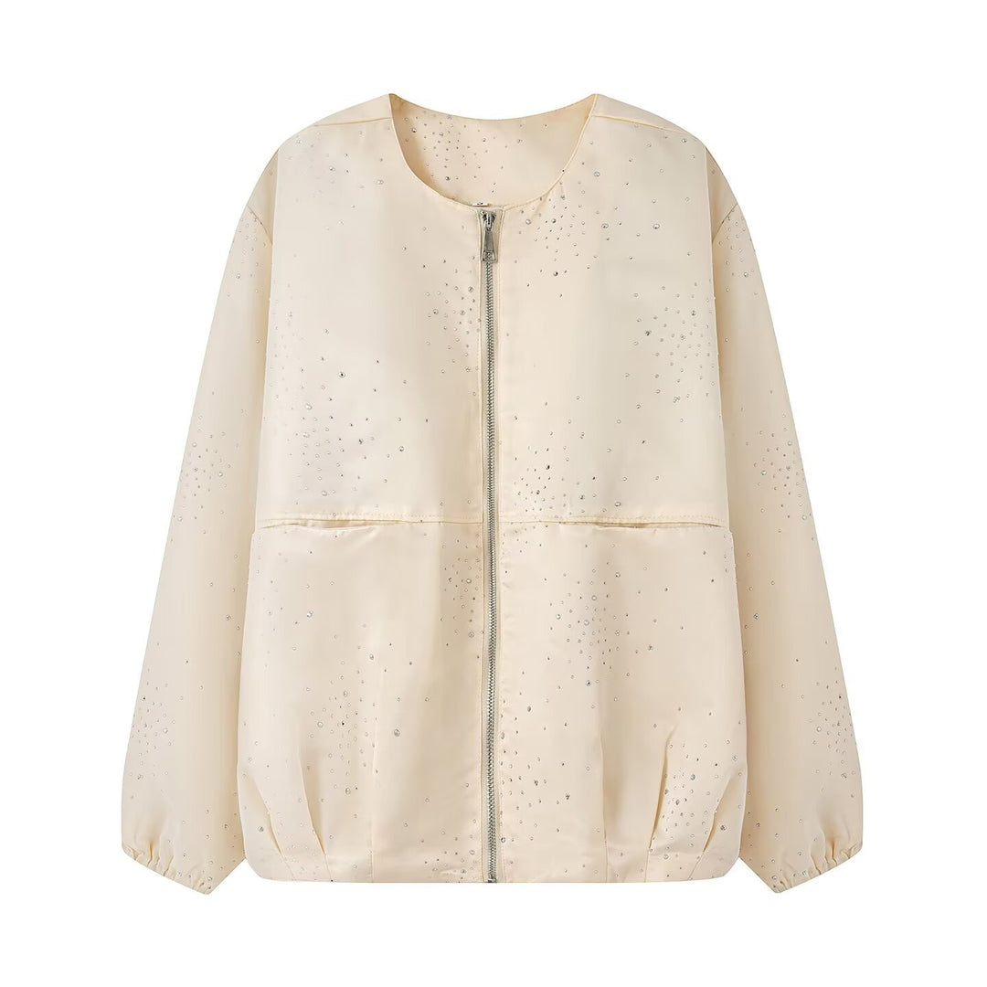 Women's Shiny Bomber Jacket with Decorative Stone Trim and Elastic Hem Mune Fashion