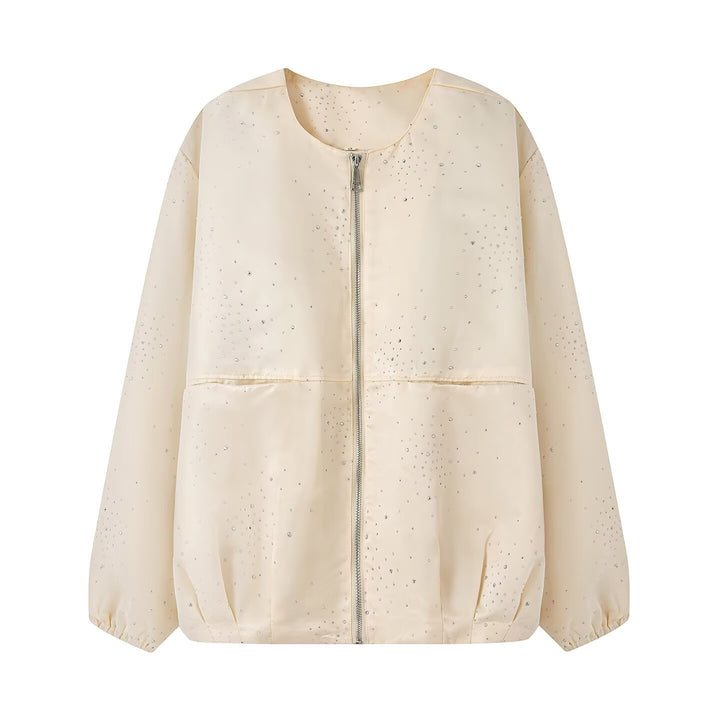 Women's Shiny Bomber Jacket with Decorative Stone Trim and Elastic Hem Mune Fashion