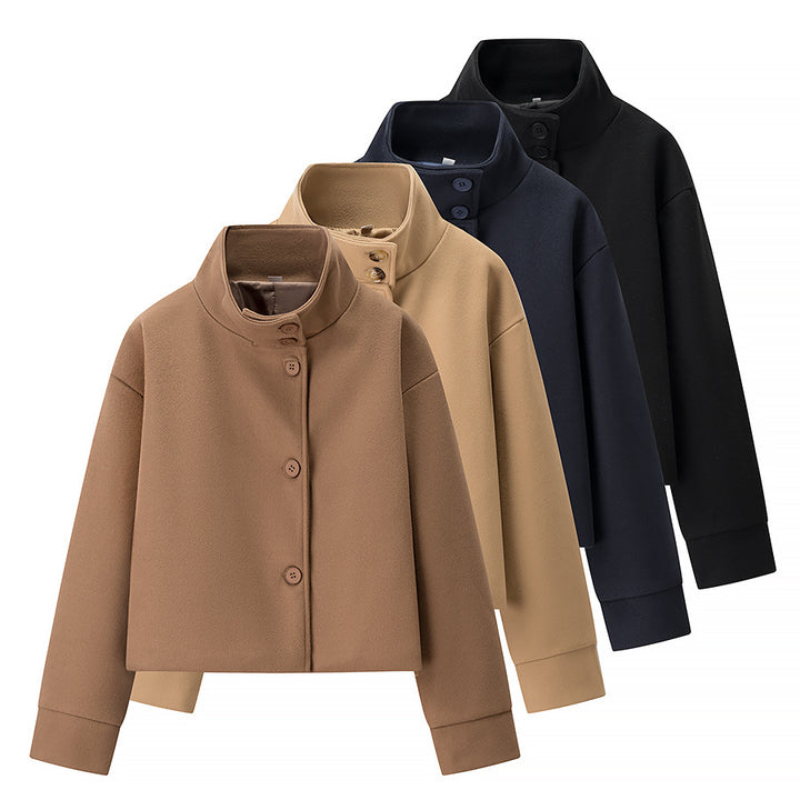 Women's Short Jacket Boxy Wool Blend with Stand-Up Collar, Oversized Sleeves and Button Placket Mune Fashion