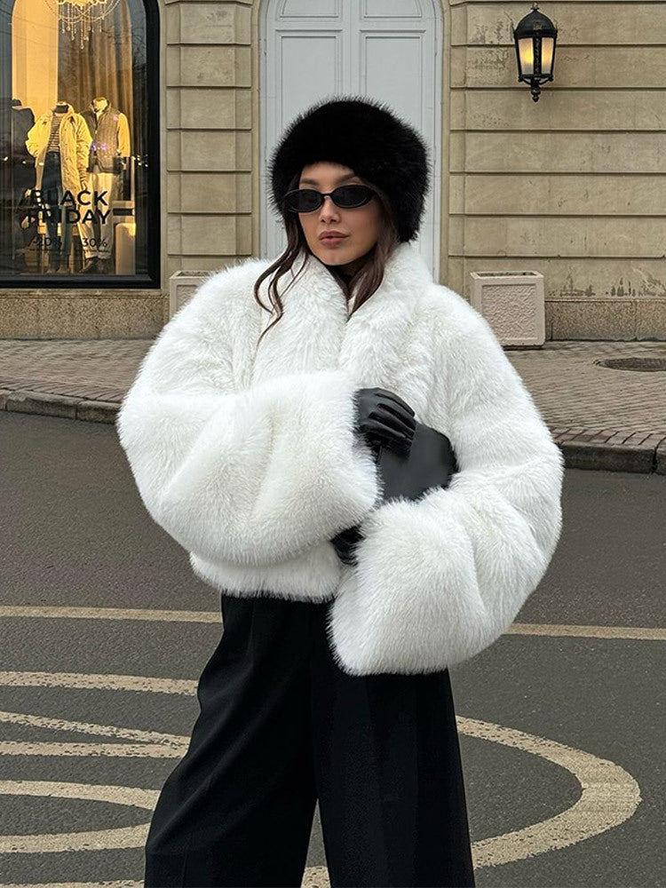 Women's Short Cozy Faux-Fur Bomber Jacket with Voluminous Shawl Collar and Boxy Silhouette Mune Fashion
