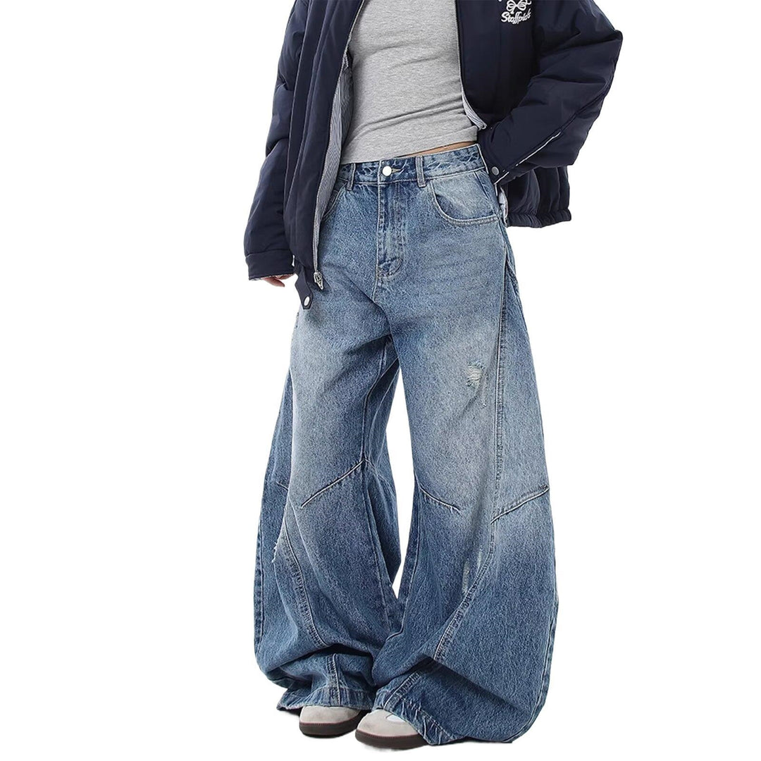 Women Wide-Cut Denim Pants with Tears Mune Fashion