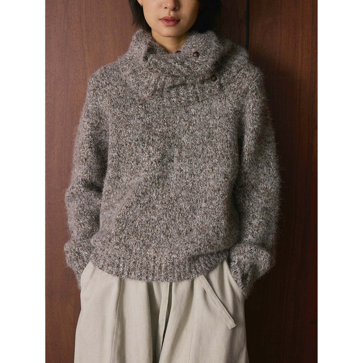 Women’s Fluffy Chunky Knit Sweater with Button Turtleneck Mune Fashion