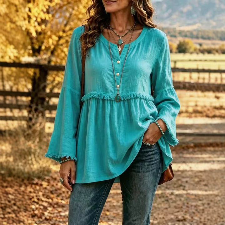 Women's Fringe Tunic Blouse with V-Neck and Bell Sleeves Mune Fashion