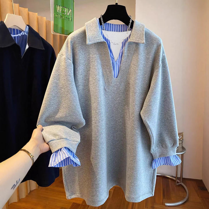 Women Oversized Sweatshirt with Shirt Collar Look and Striped Cuffs Mune Fashion