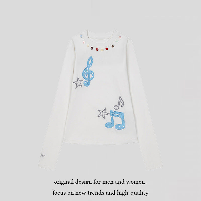 Women's long sleeve shirt with sequin collar and music note appliqués Mune Fashion