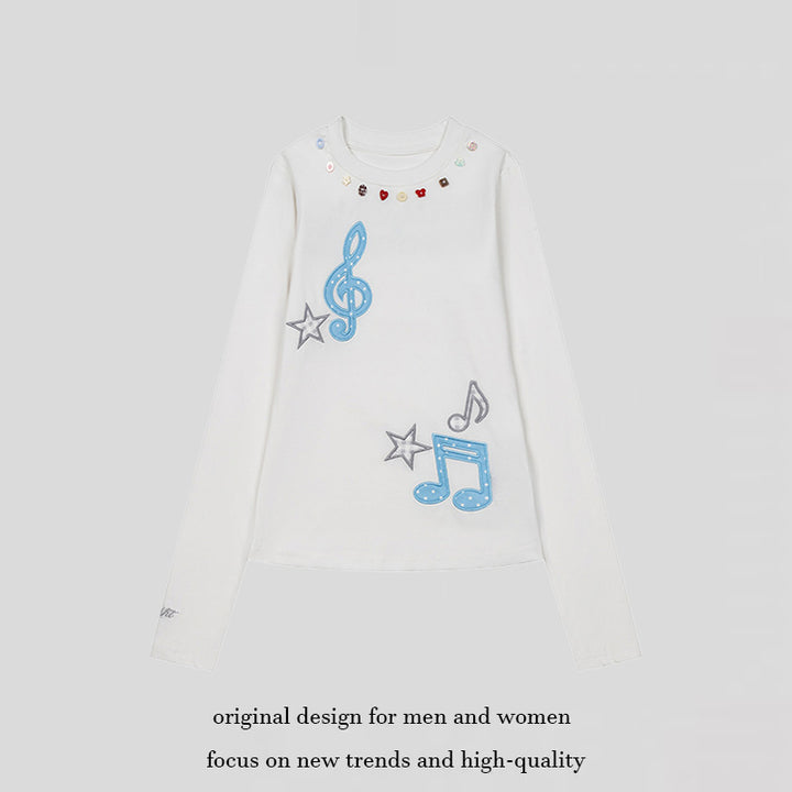 Women's long sleeve shirt with sequin collar and music note appliqués Mune Fashion