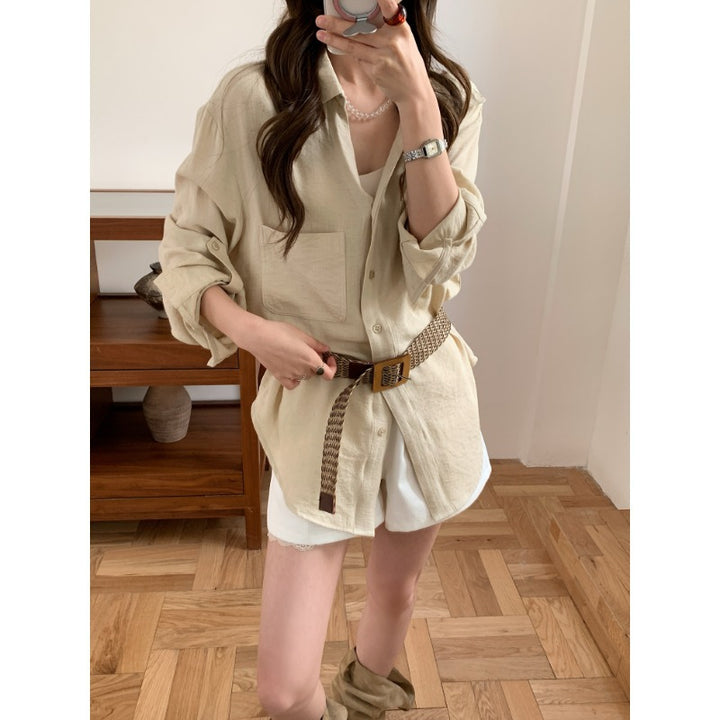 Ladies Casual Linen Look Long Shirt with Oversize Cut and Breast Pocket Mune Fashion