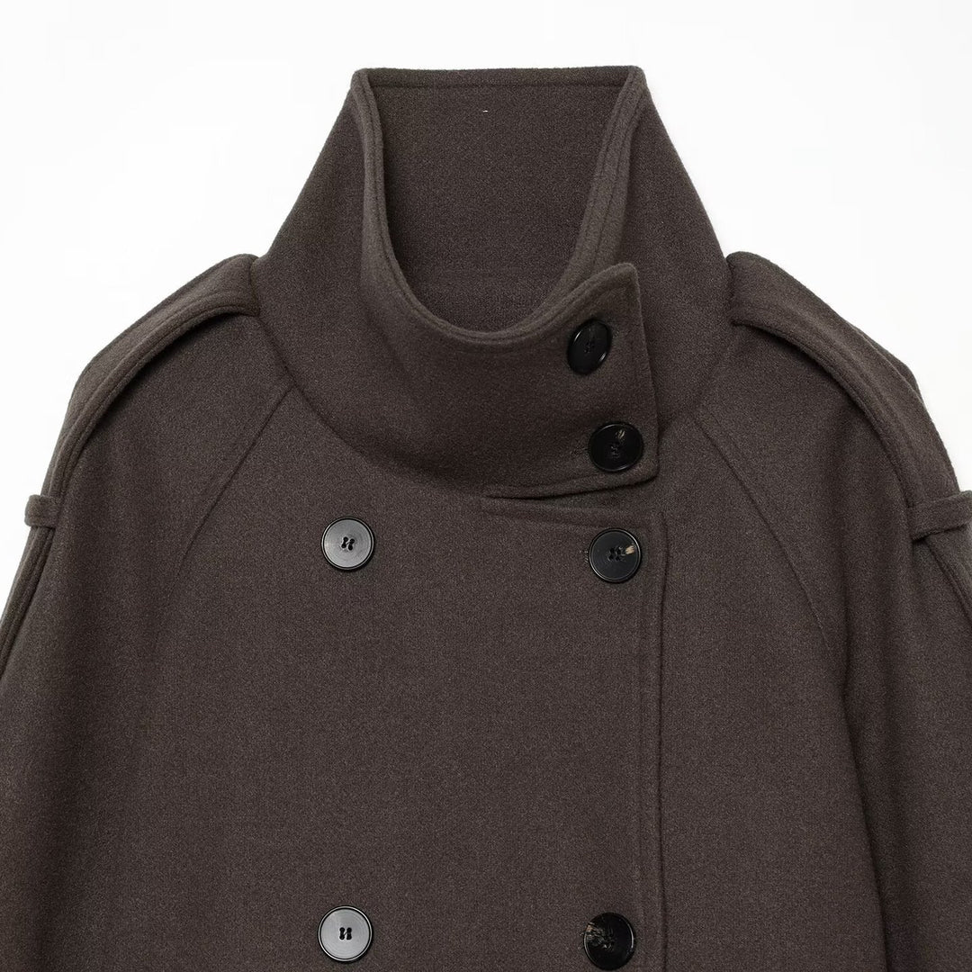 Ladies short cape jacket made of wool blend with high standing collar, double-breasted and tie belt Mune Fashion