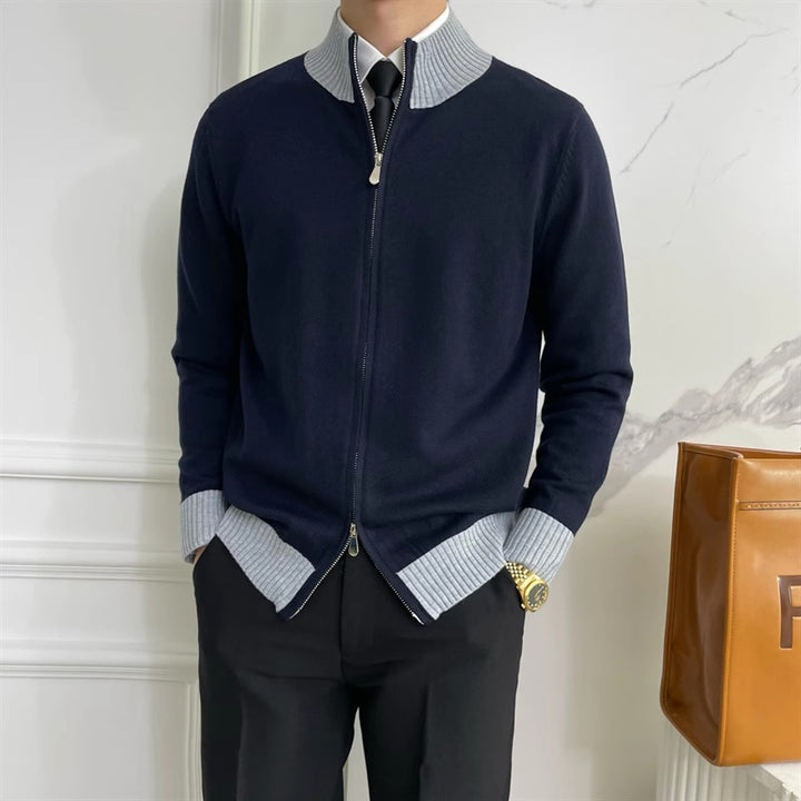 Men's zip fine knit cardigan with standing collar and ribbed hem Mune Fashion