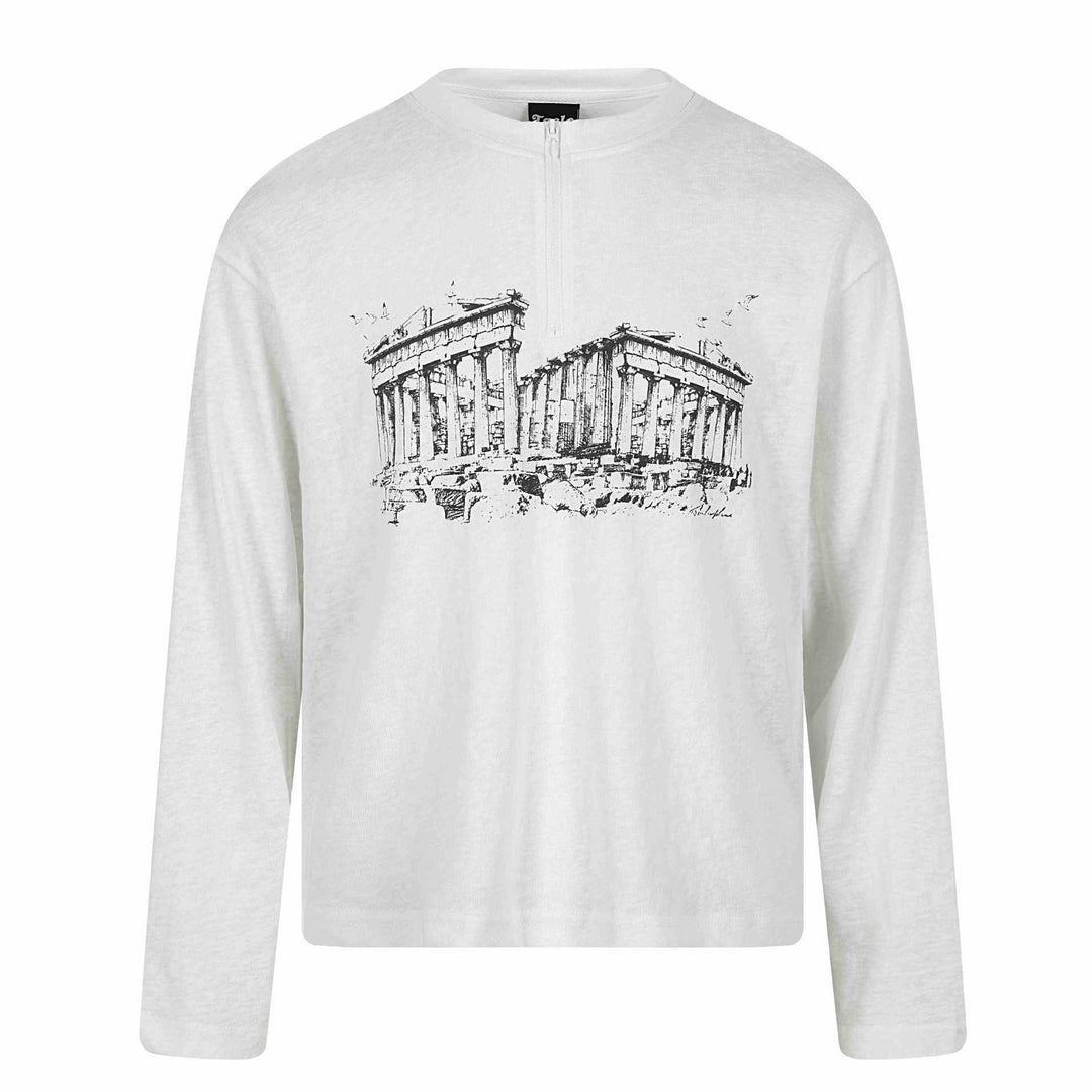 Unisex Long Sleeve Half Zip Shirt with Stand-Up Collar and Parthenon Print Mune Fashion