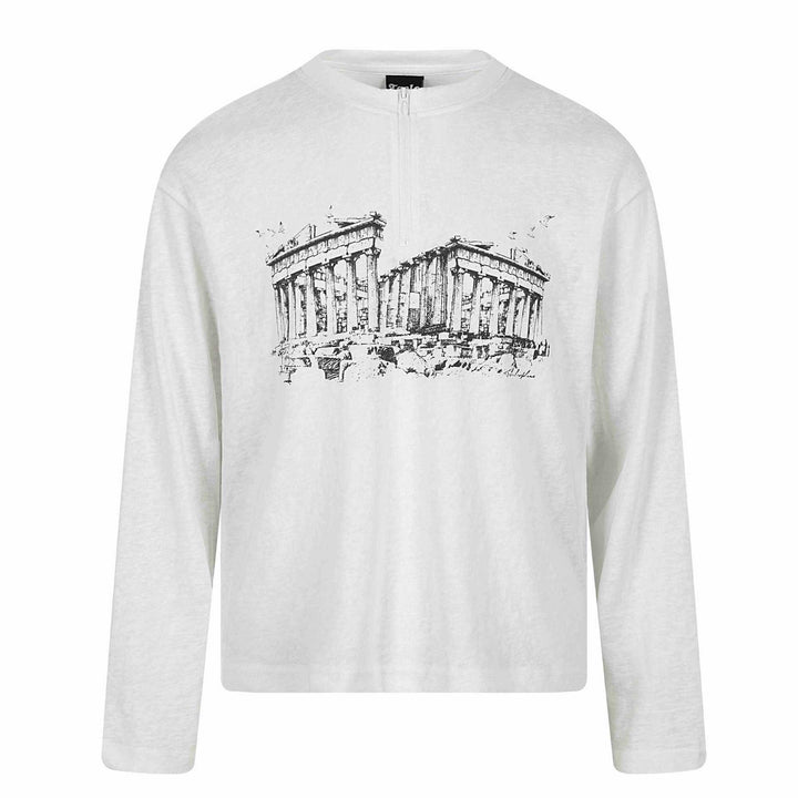 Unisex Long Sleeve Half Zip Shirt with Stand-Up Collar and Parthenon Print Mune Fashion