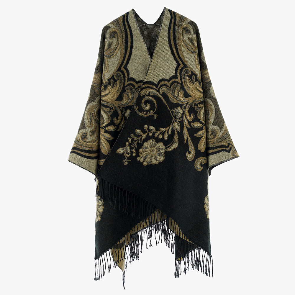 Women's Baroque Jacquard Cape with Asymmetrical Hem and Fringes
