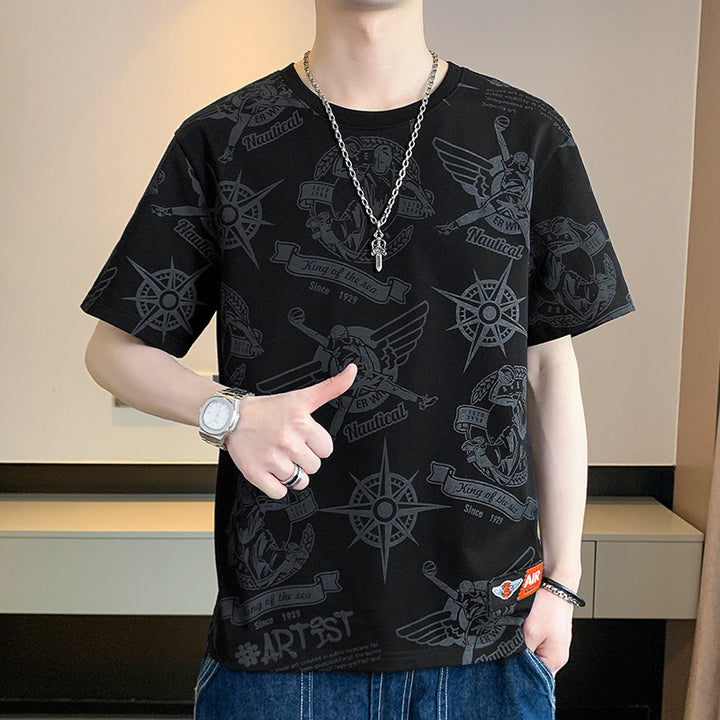 Men's Oversize Print T-Shirt with Allover Nautical Logos and Crew Neck Mune Fashion