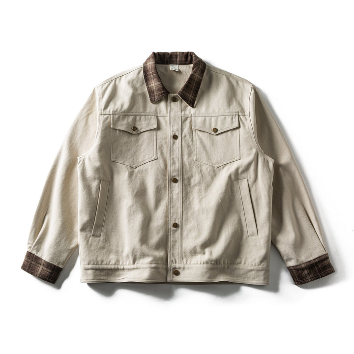 Men's short-cut canvas blouson with checkered collar and snap-button chest pockets Mune Fashion