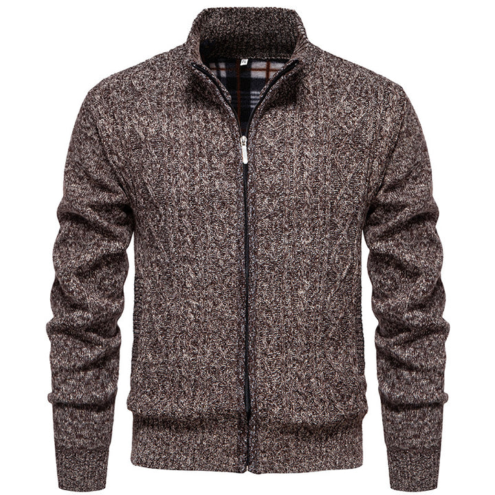 Men's chunky knit cardigan with cable pattern, stand-up collar and checked inner lining Mune Fashion