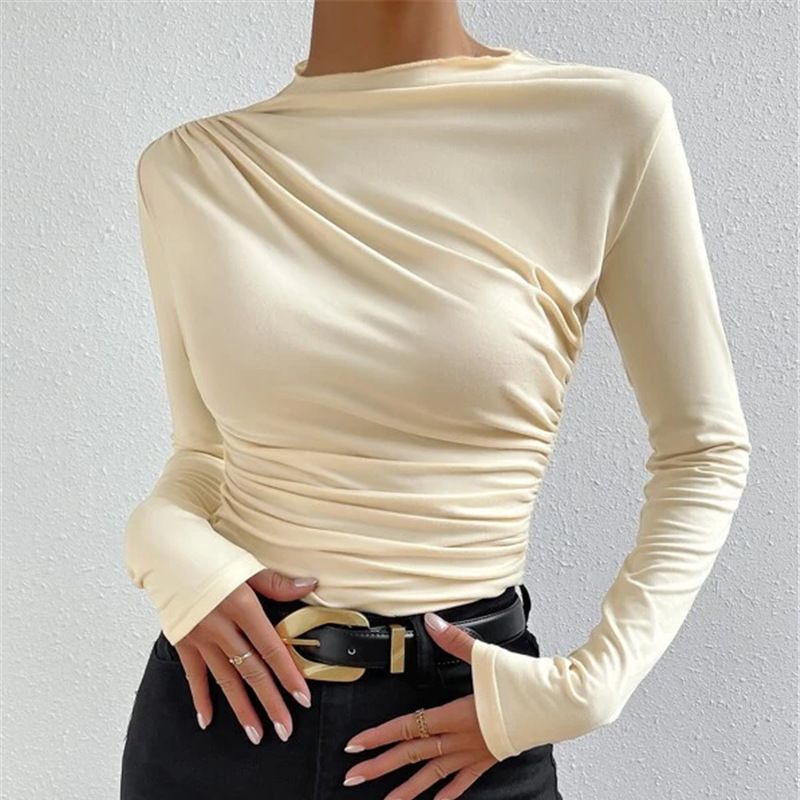 Women's Figure-hugging Long Sleeve Shirt with Side Gathering and Drapé Detail Mune Fashion