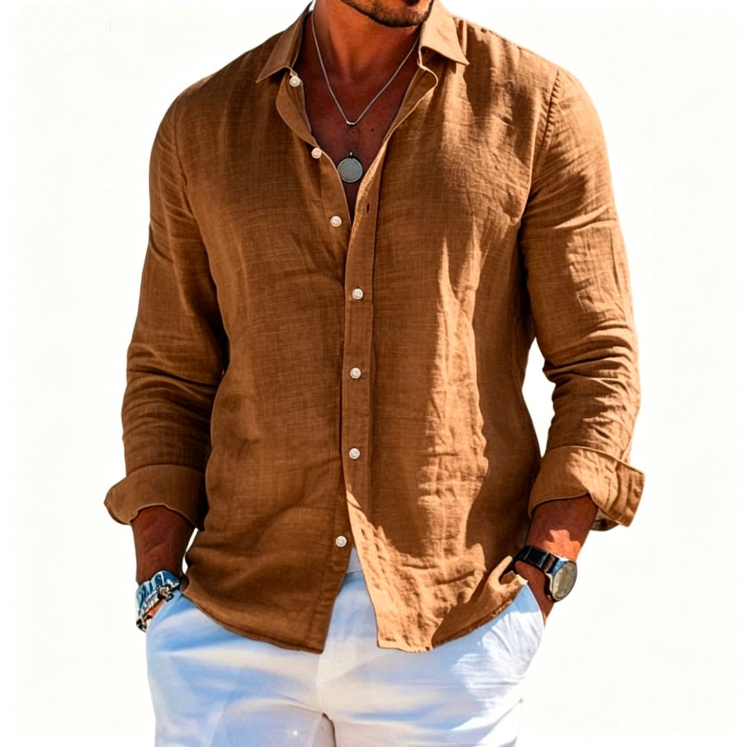 Men's structured linen shirt with open collar, lightweight texture and casual-tailored fit Mune Fashion