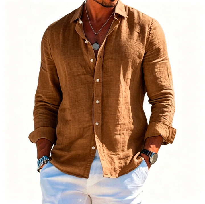 Men's structured linen shirt with open collar, lightweight texture and casual-tailored fit Mune Fashion